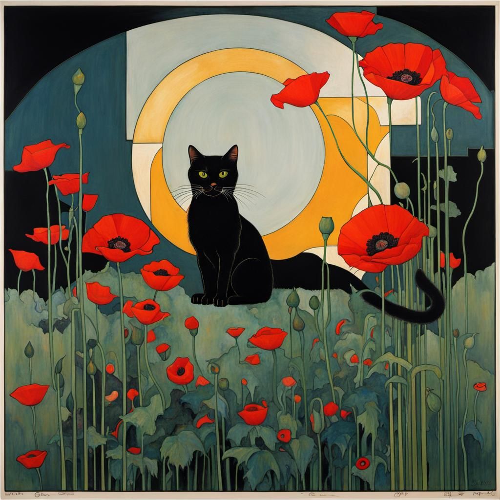 Black Cat Amidst Poppies in Art Nouveau Style
