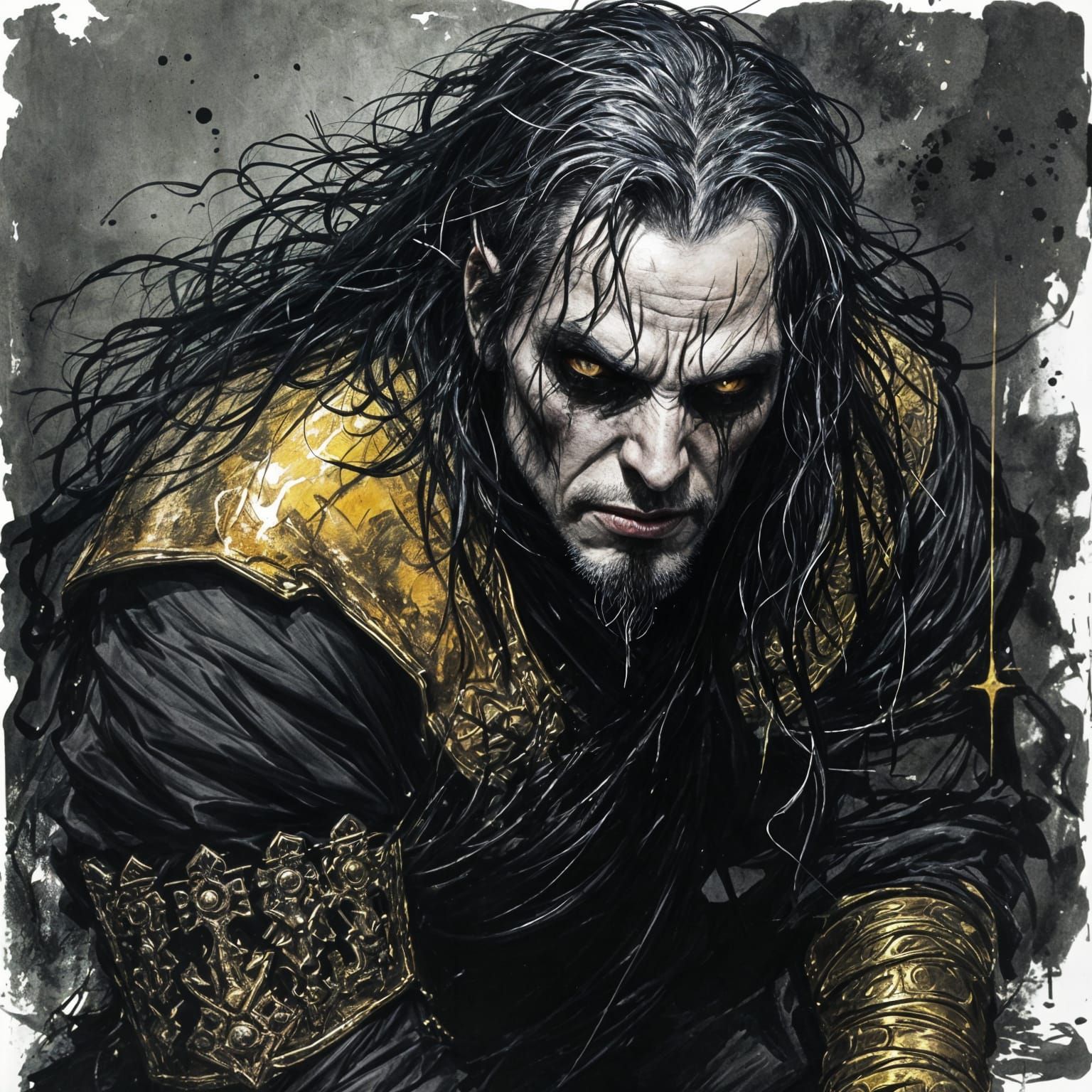 Dark Gaunt Man with Gold Bracers, D&D Art Style