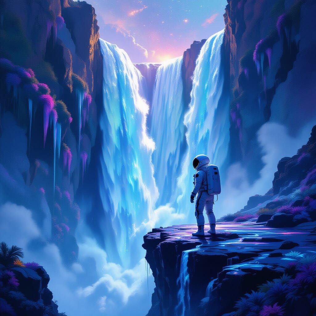 Astronaut on Liquid Light Waterfall Abyss