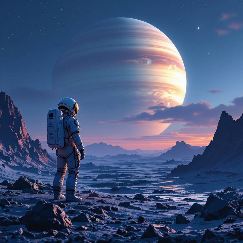 Astronaut Gazes at Ringed Planet on Alien World