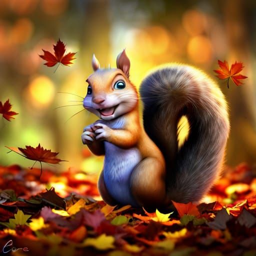 Cartoon Squirrel in Autumn Leaves, Cell Shaded Style