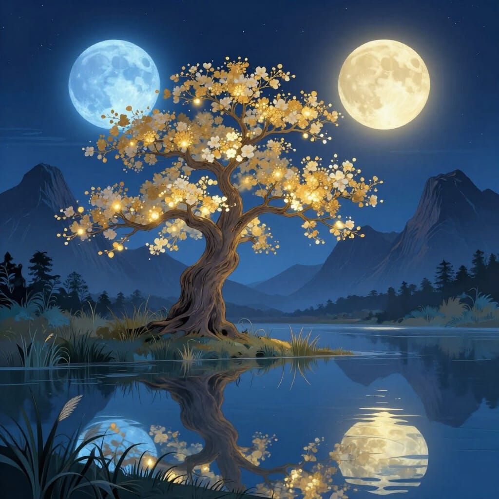 Fantasy Night Landscape With Two Full Moons