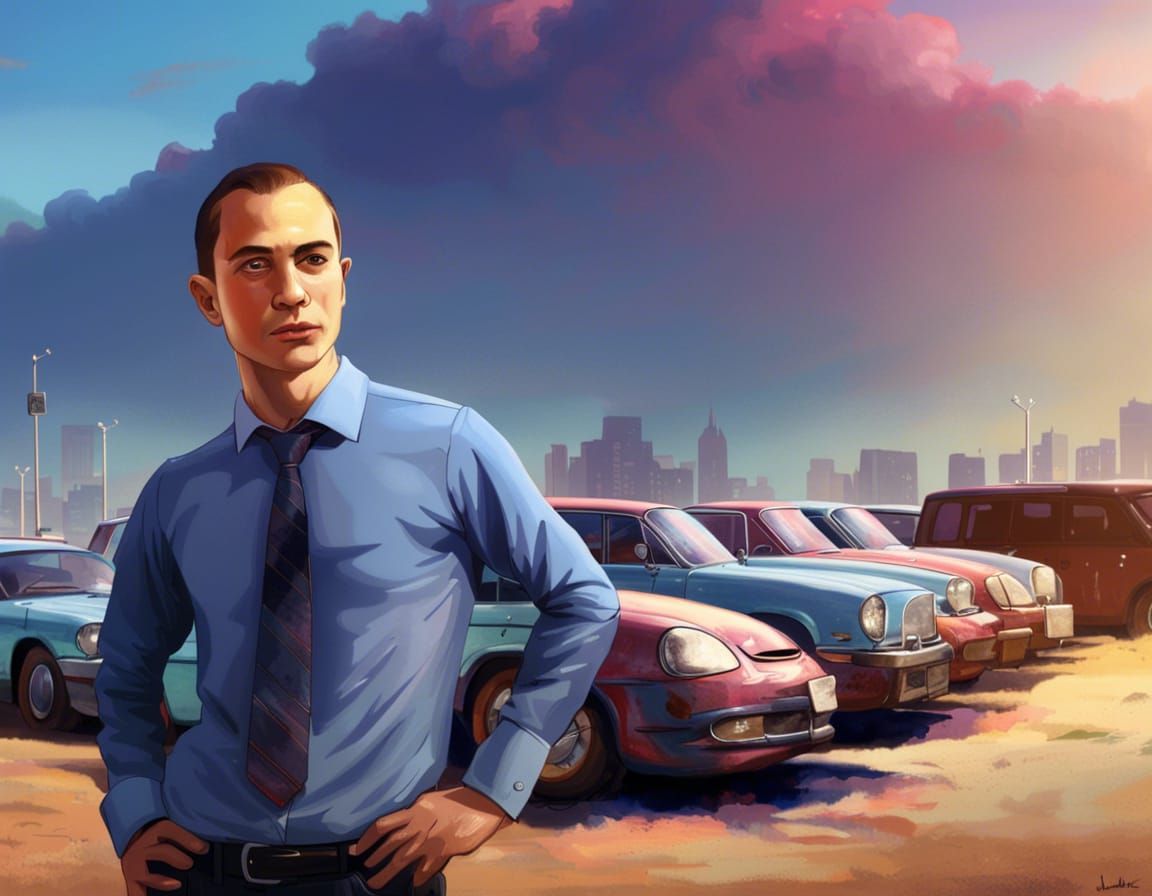 Hyperdetailed Car Salesman on a Shiny Car Lot