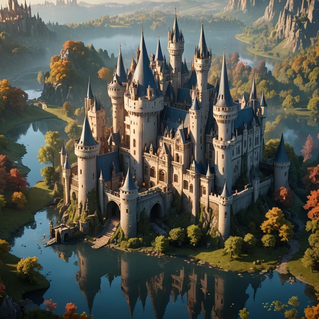 A fairy-tale castle set against the soft light of dawn, with...