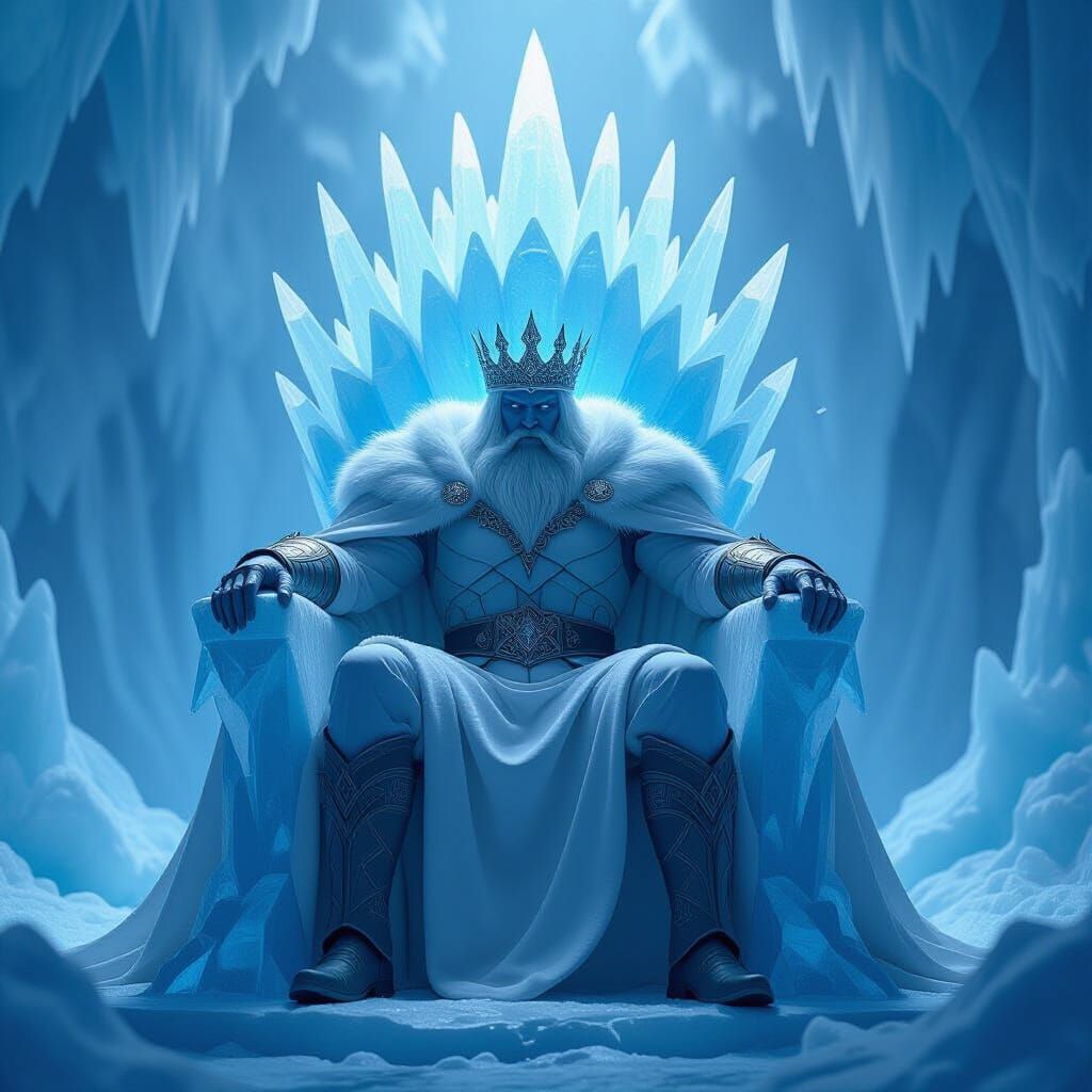 Ice King on Frozen Throne in Cold Blue Light