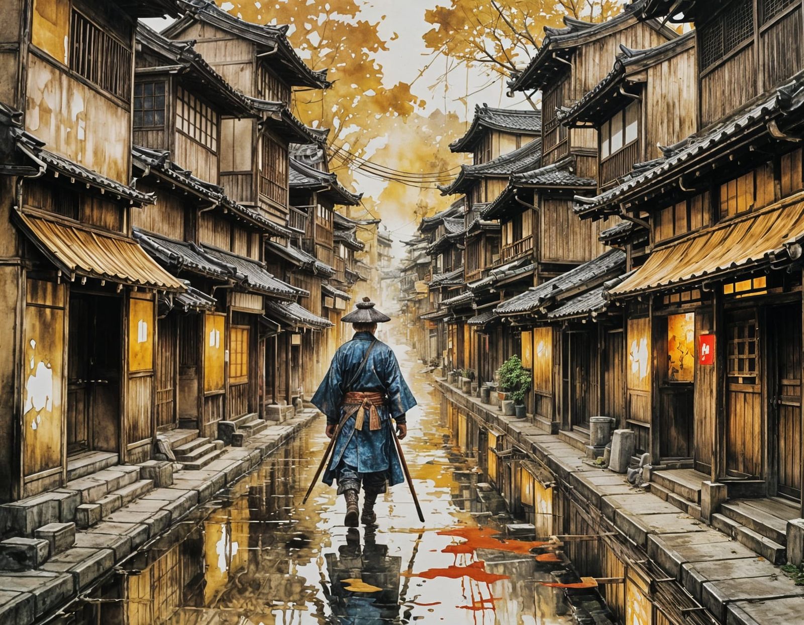 Samurai in Ancient Town: Abstract Alcohol Ink Painting