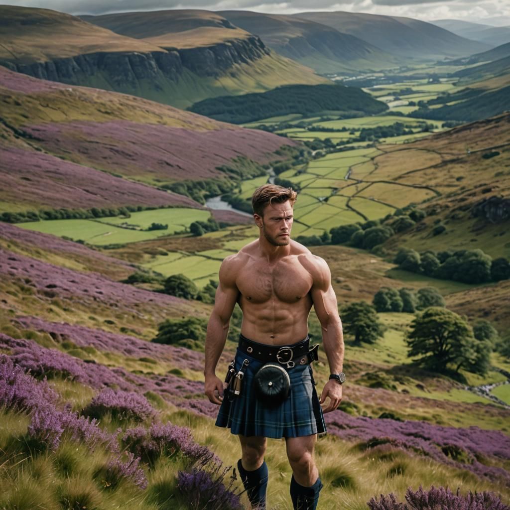 Scottish Kilt-Clad Man Overlooking Purple Heather Valley