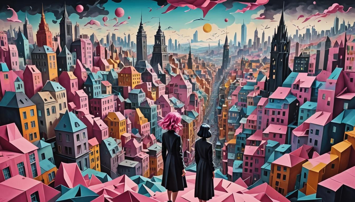 Dreamlike Cityscape with Girl, in Surreal Origami Style