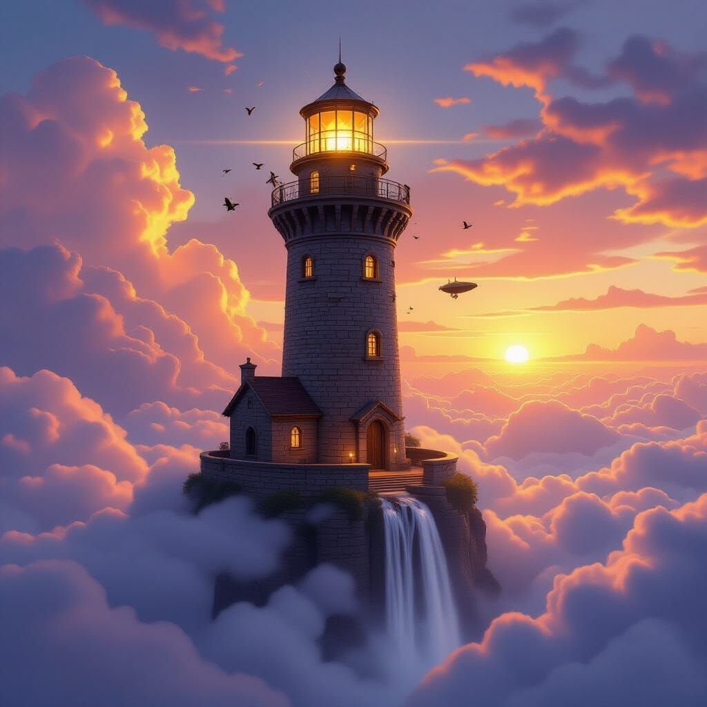 Massive Ancient Lighthouse Above Clouds at Sunset