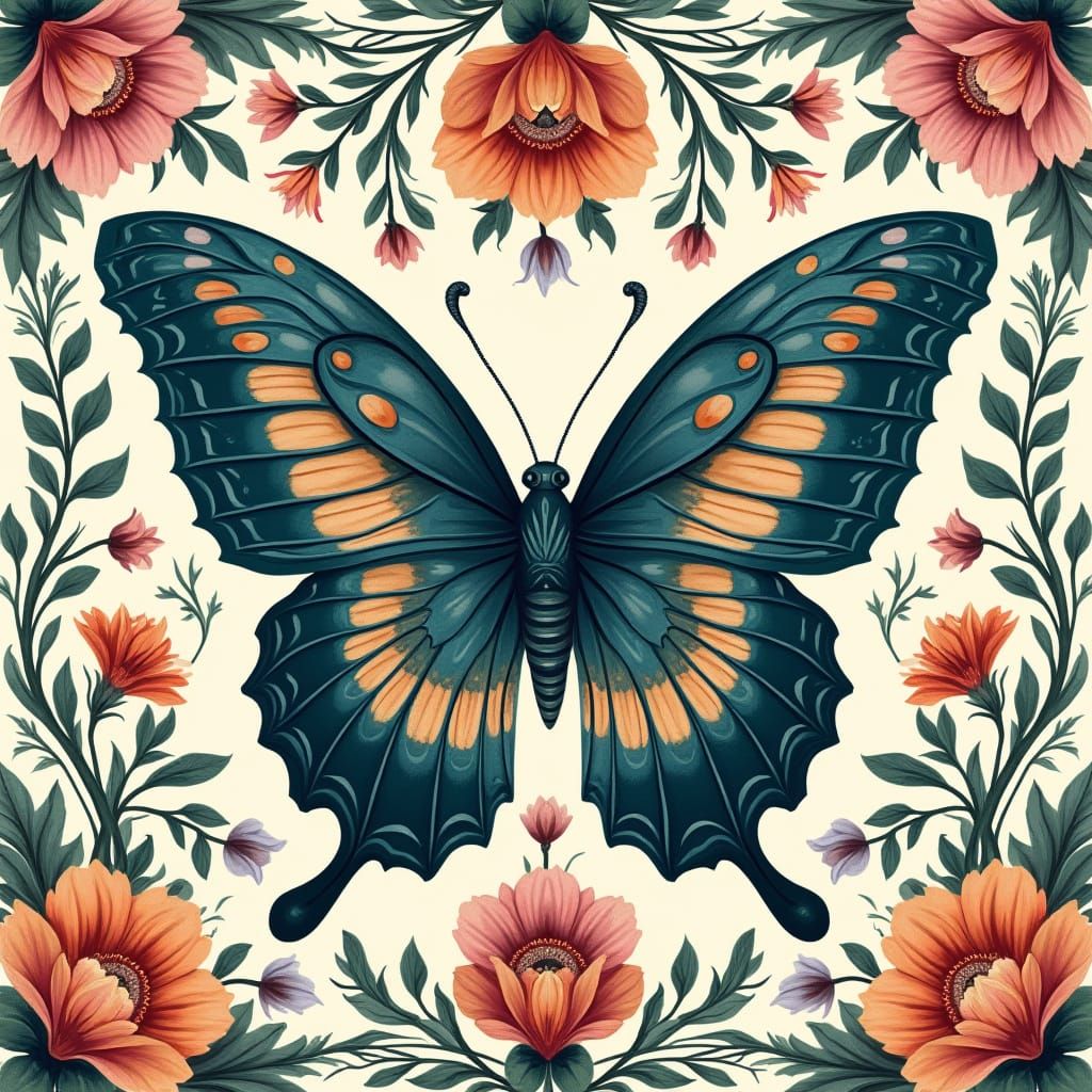 Ornate butterfly centered in a detailed floral tapestry. Wings are wide open, displaying complex markings. The image fea...