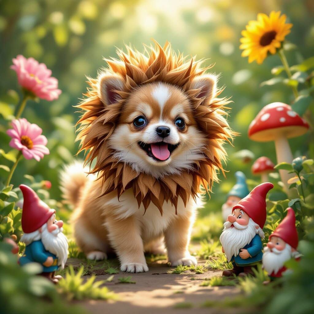 Chihuahua Puppy in Lion Costume Roaring at Garden Gnomes