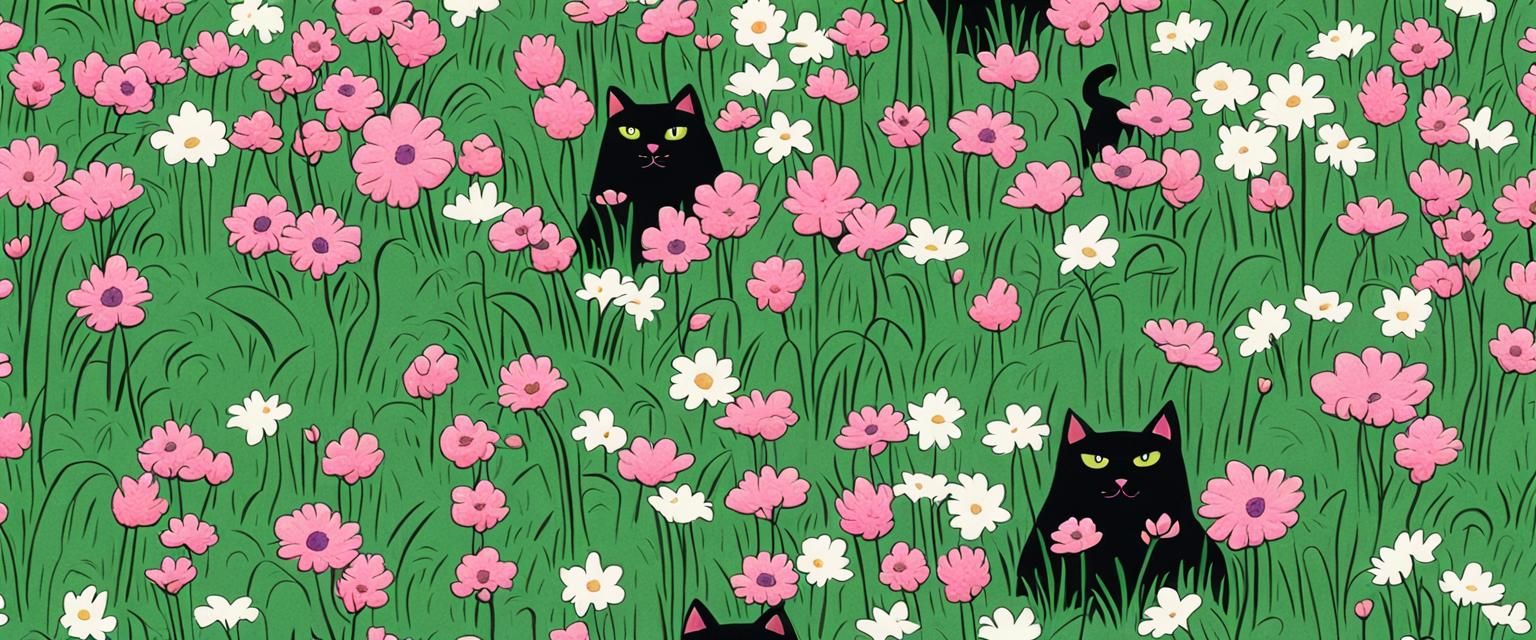 Vibrant Cartoon Cats Hide in a Field of Blooming Flowers