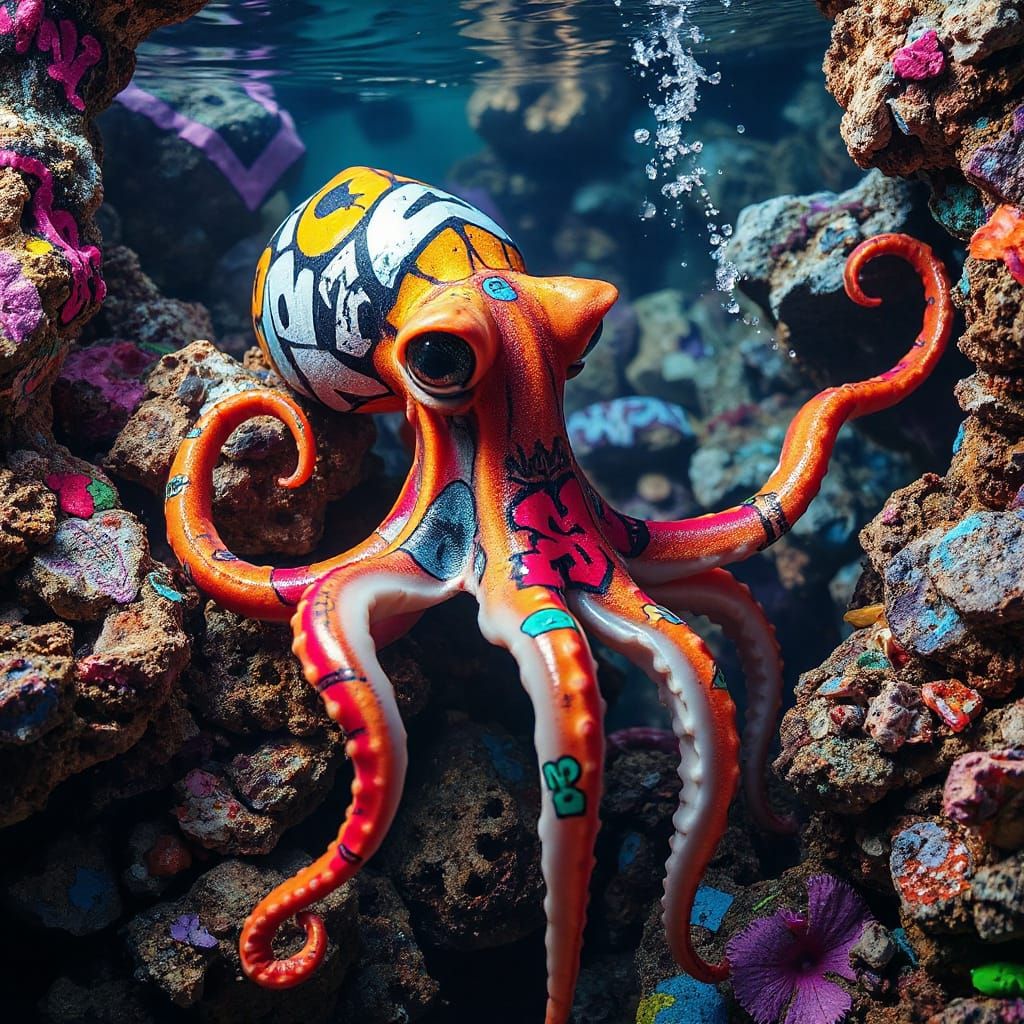 Graffiti Squid in Vibrant Underwater Street Art Scene