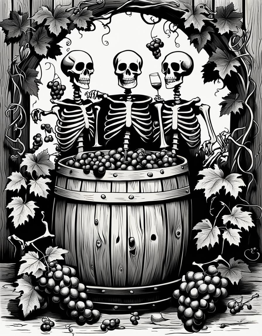 Monochrome Skeletons Celebrate in Wine Barrel