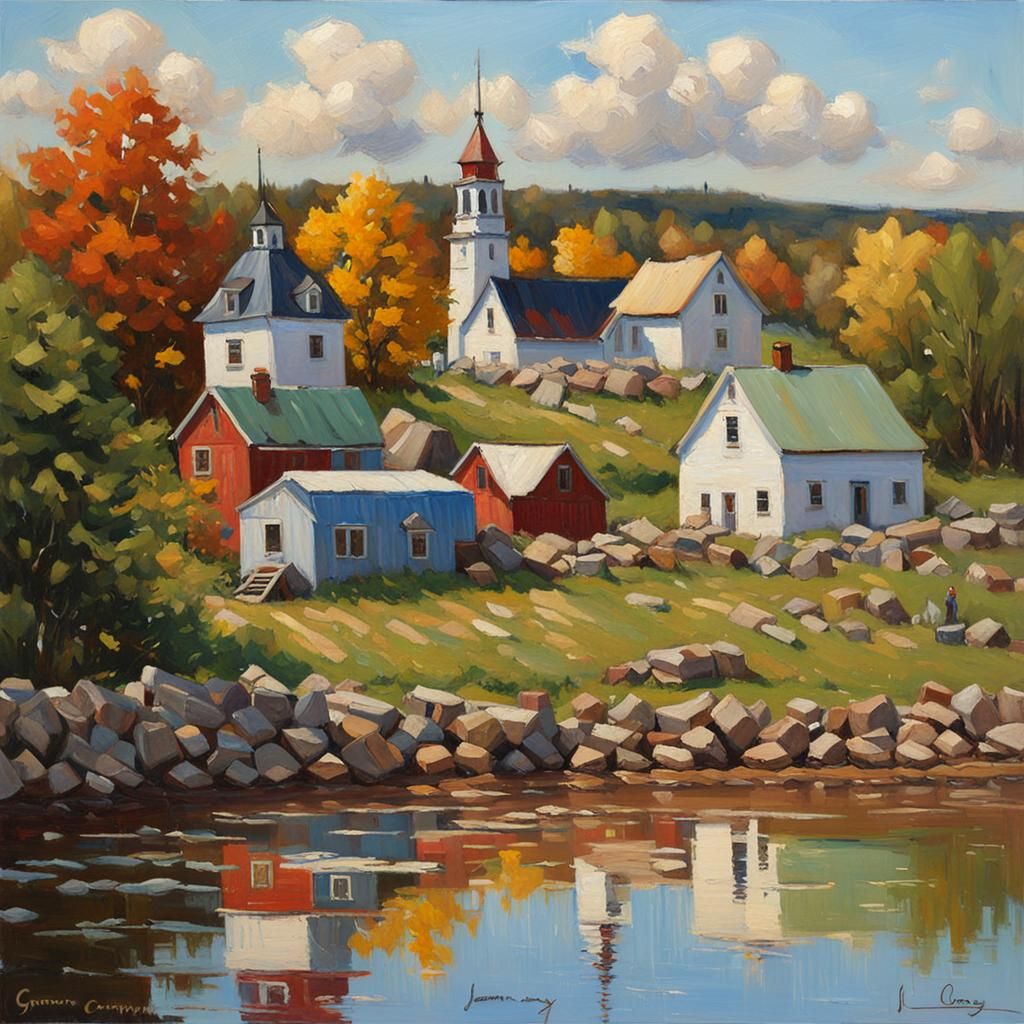 Quebec Countryside Town in Summer: Oil Painting