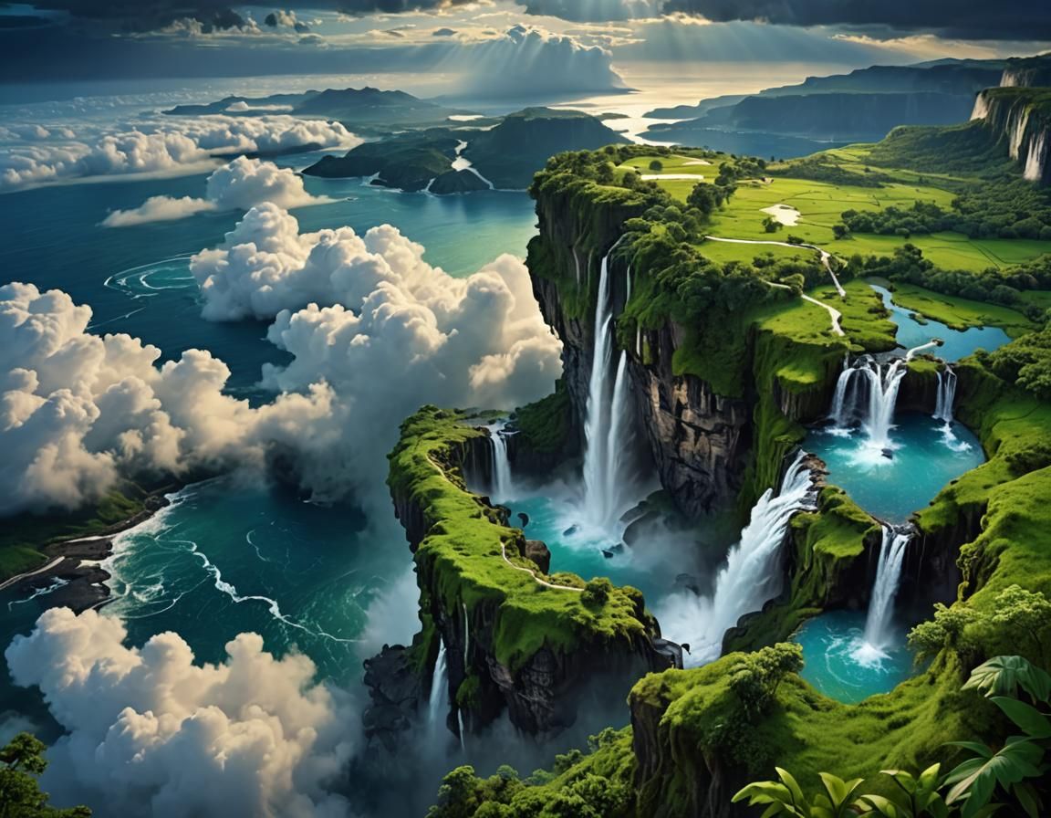 Night View From Above With Waterfalls and Clouds