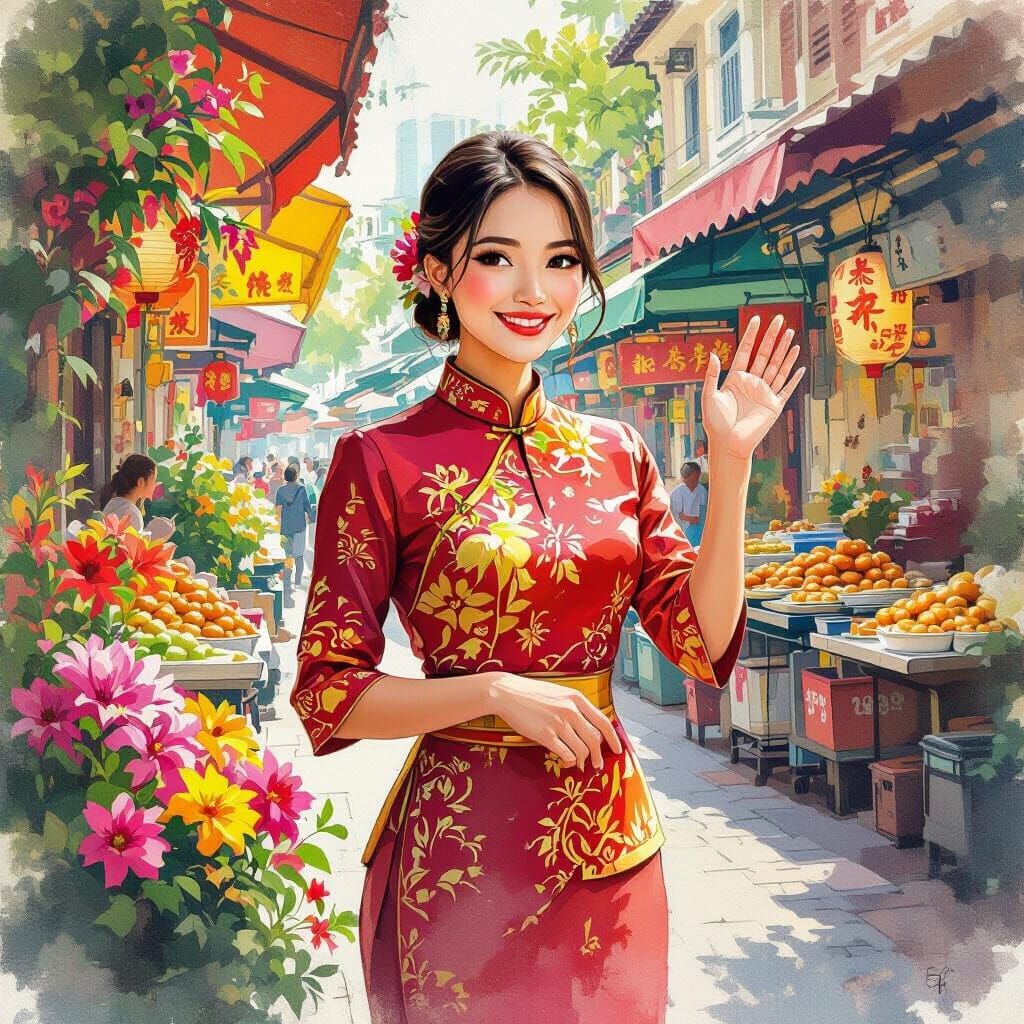 Singaporean Woman's Vibrant Greeting in Art Nouveau Style