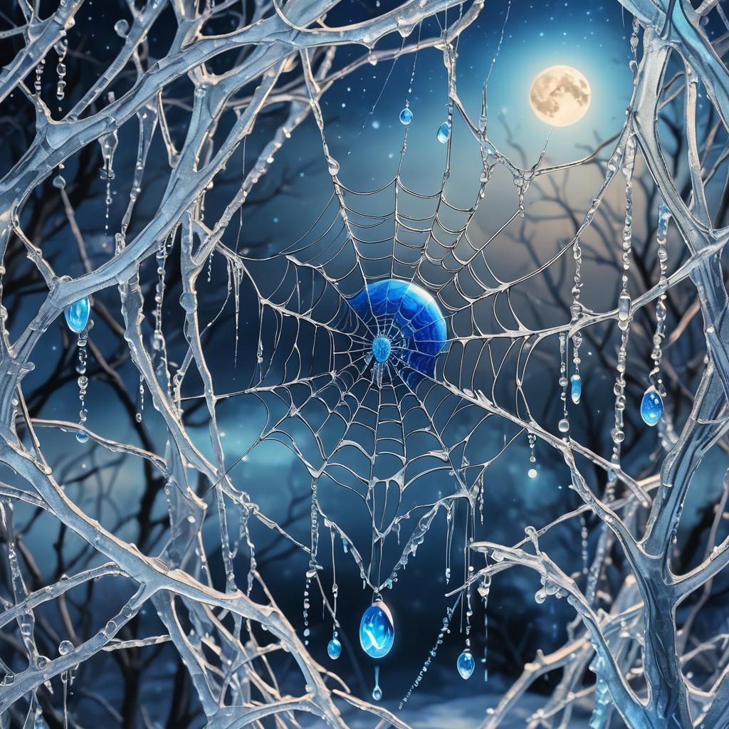 Luminous Blue Web with Spider Under Blue Moon