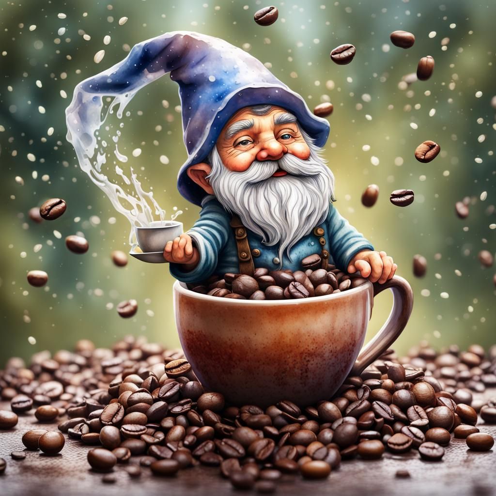 Gnome with Coffee Beans Watercolor Art