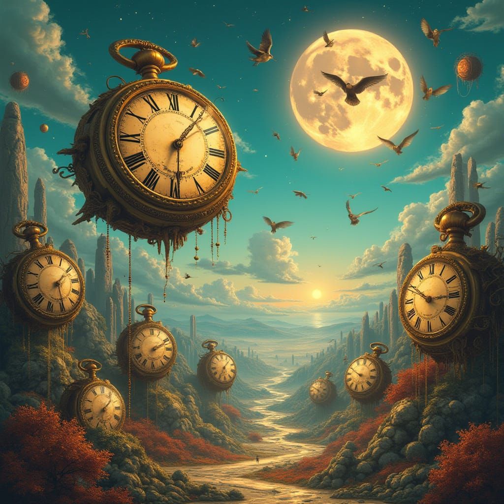 Clockwork Birds & Melting Clocks in Surreal Dreamscape