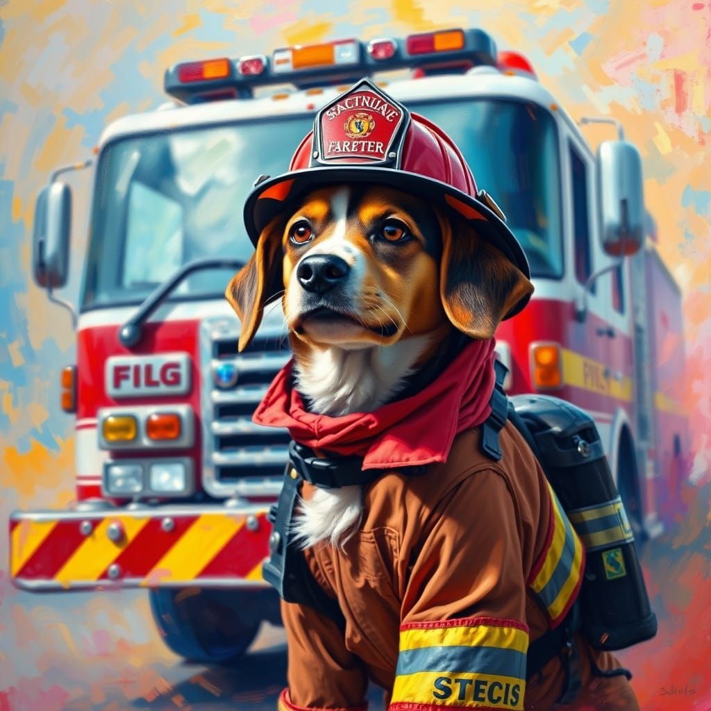 Fire Department Dog in Vibrant Neo-Expressionist Oil Paintin...