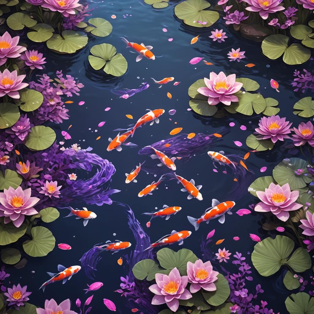 Glowing Koi Fish in Purple Waters