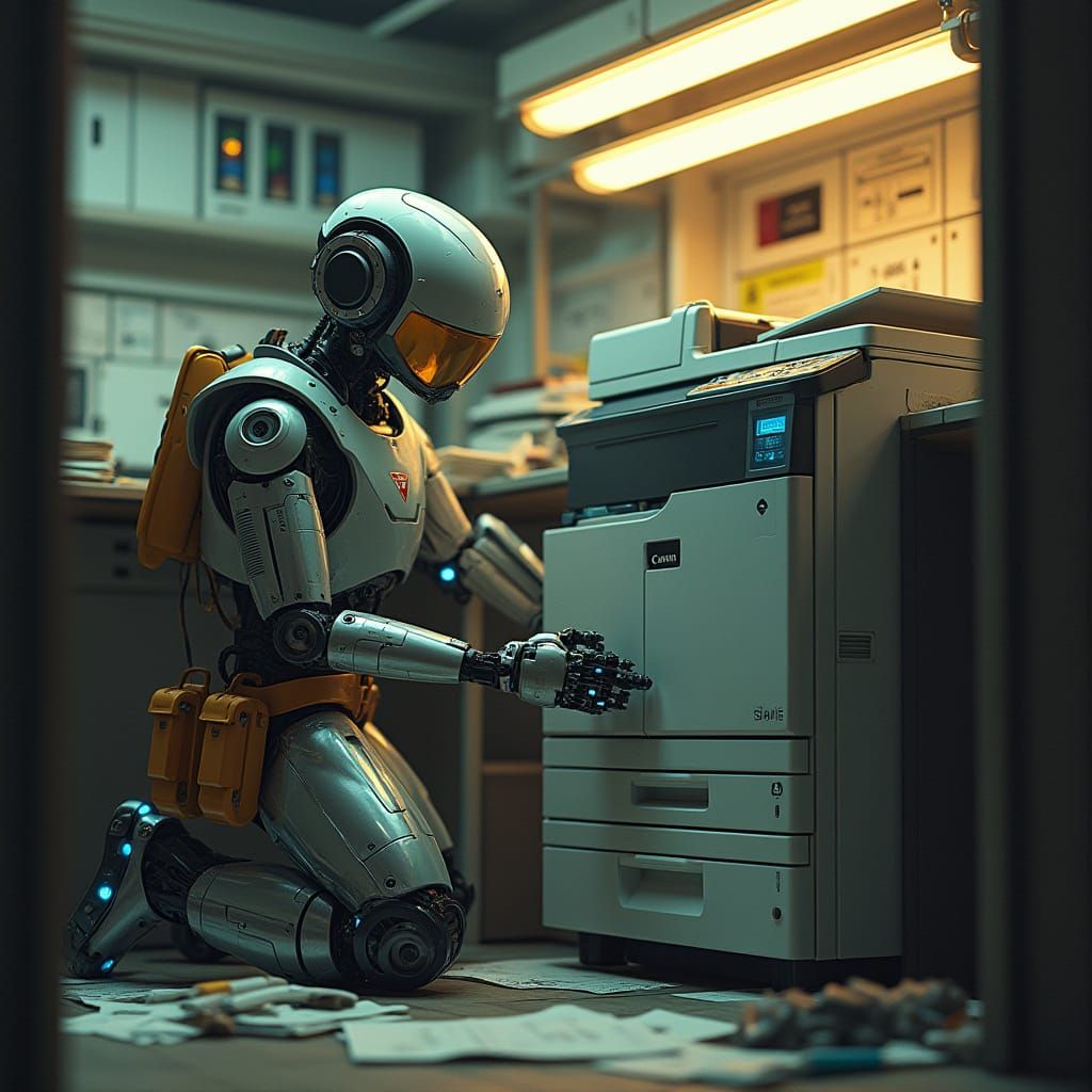 Futuristic Robot Repairs Office Copier in a Dimly Lit Supply...