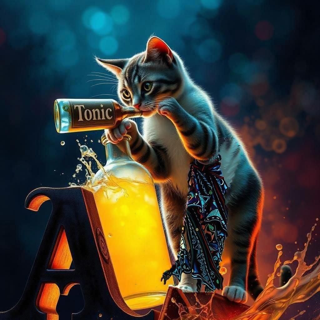 Cat Sipping Tonic on Gothic Letter A in Splash Art