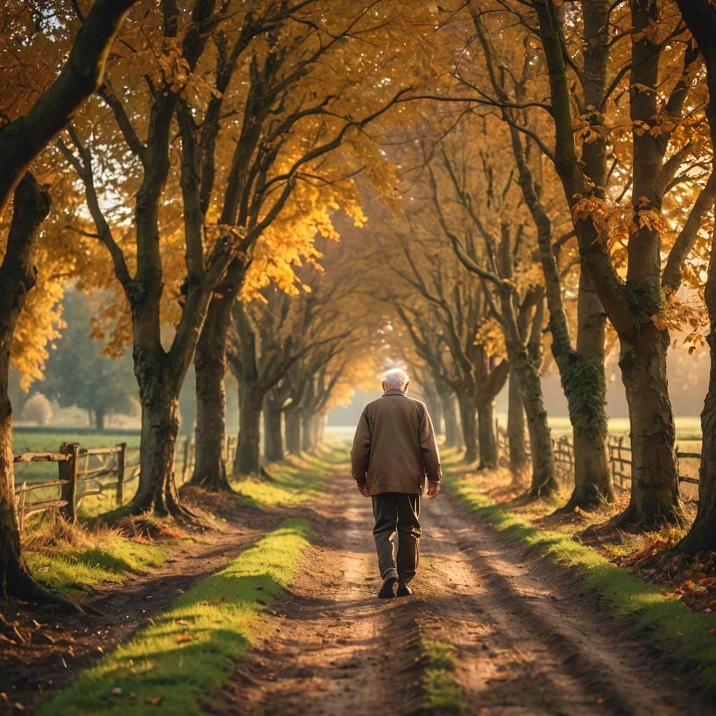 Elderly Man Walks Autumn Lane: Professional Photography