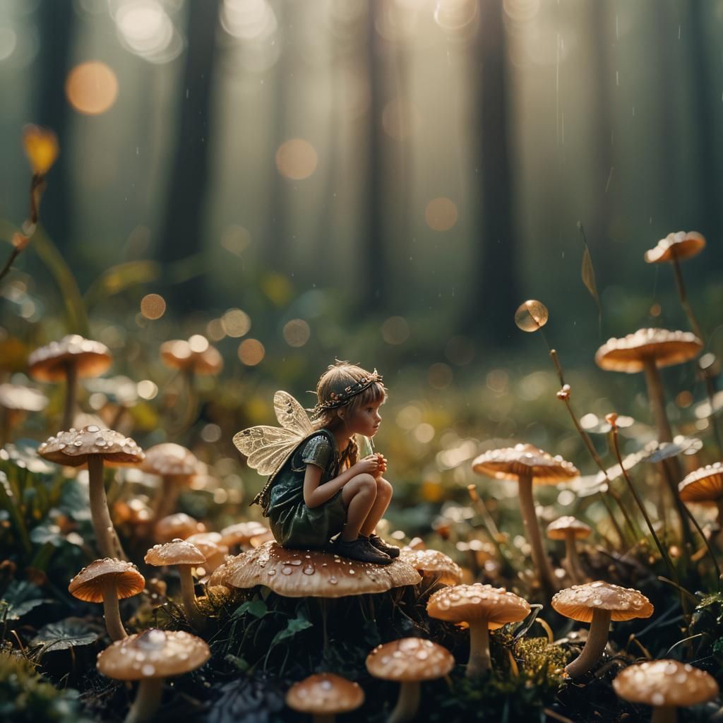 Fairy on Mushroom in Dreamy Morning Light