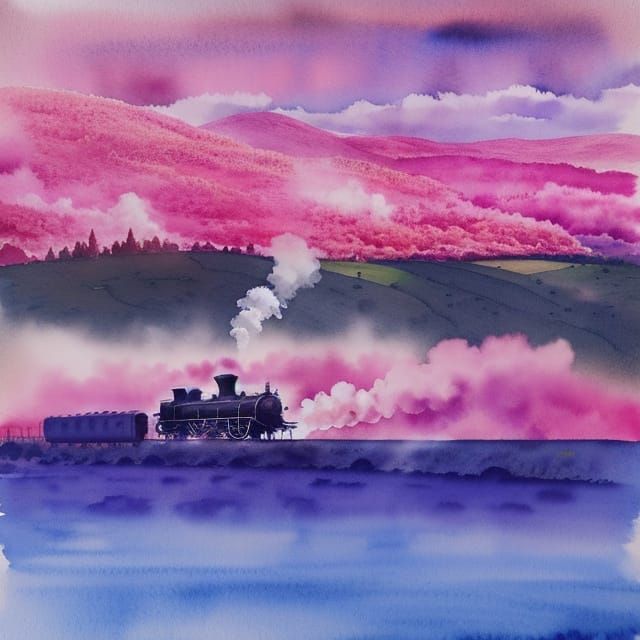 Steam Train Journey Through Hilly Countryside in Watercolour
