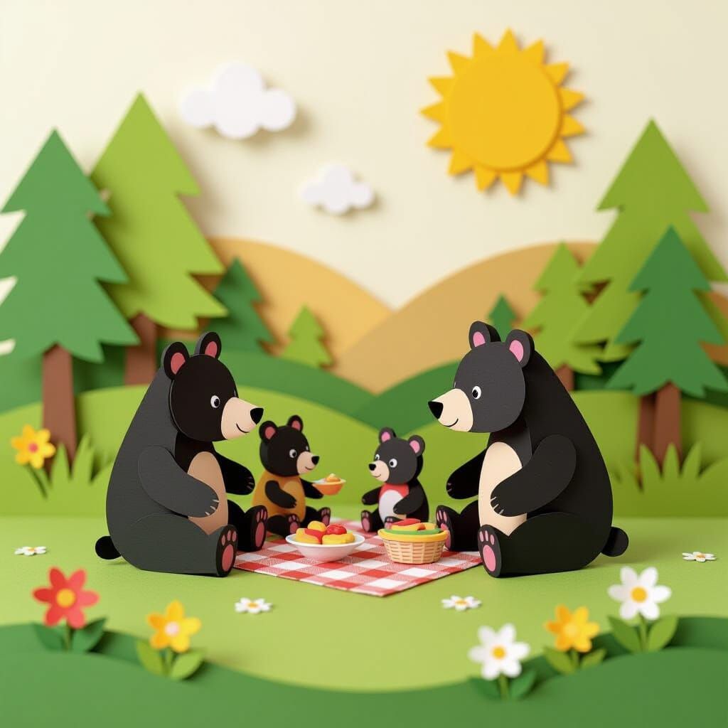 Black Bear Family Picnic in Paper Art Style