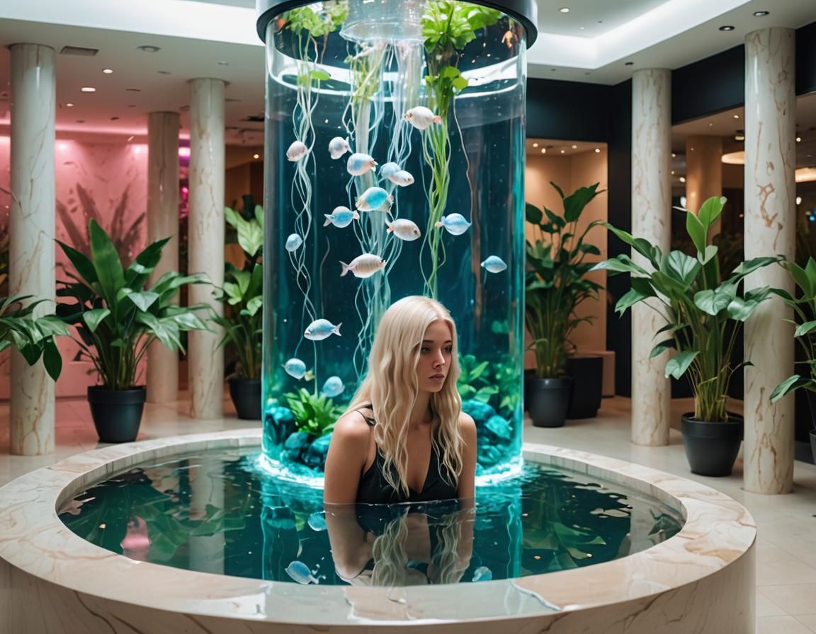 Surreal Corporate Waterfall in Minimalist Aquarium