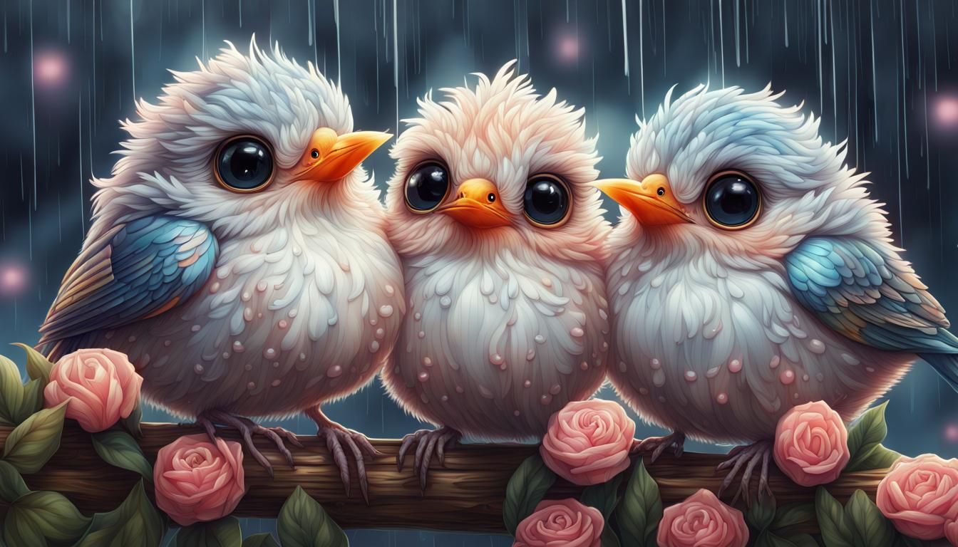 Birds in Rain: Hyperrealistic Digital Art