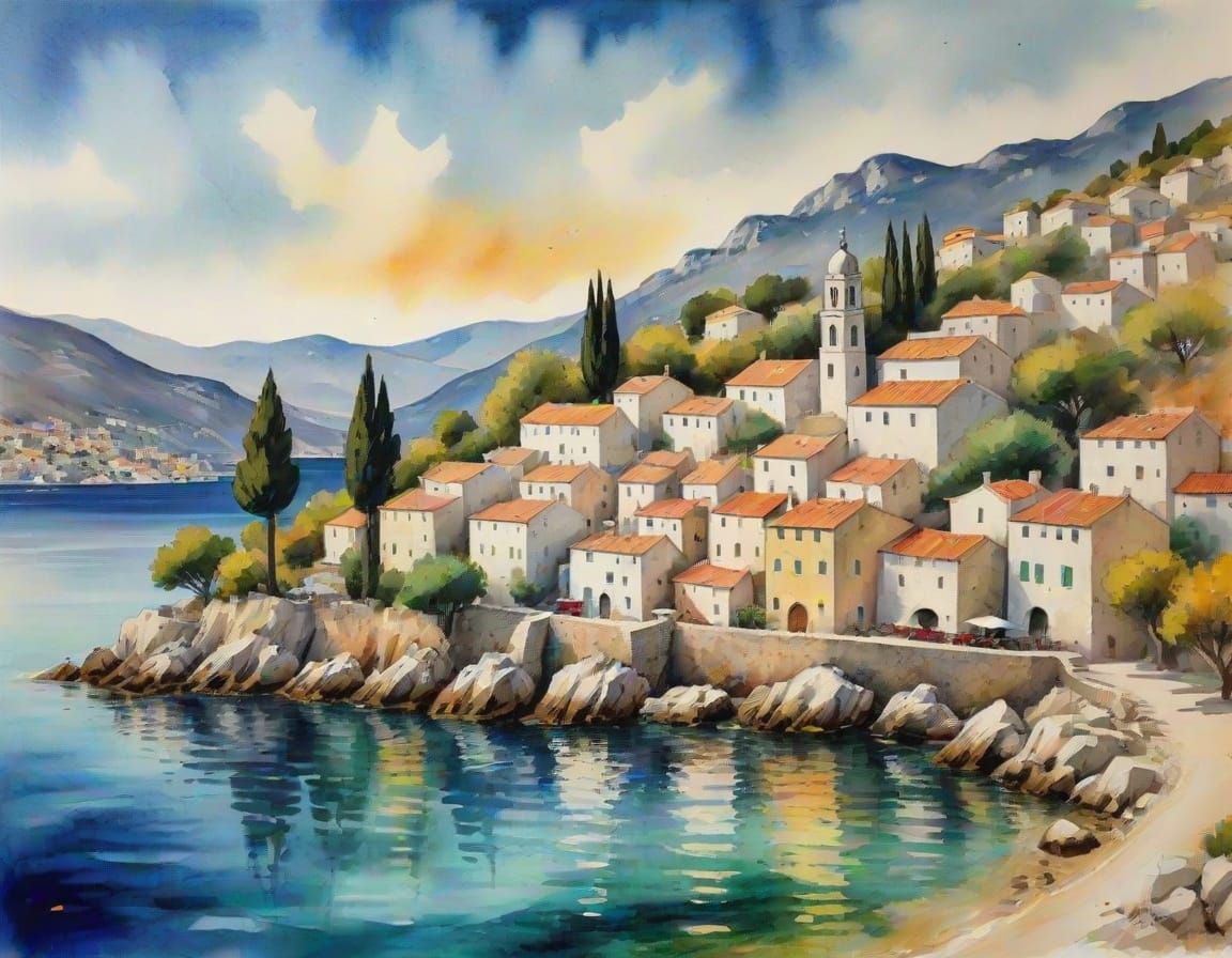 Dalmatian Village by the Sea in Impressionist Style