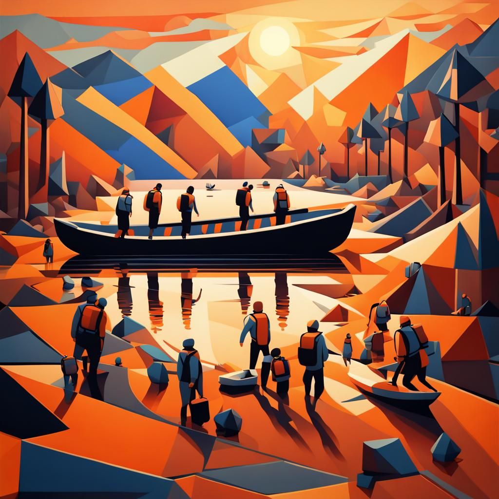 Refugees Arrive at Sunrise: A Cubist Rendering