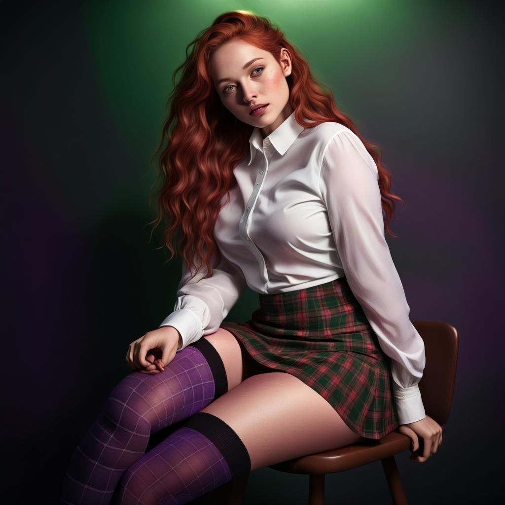 Redhead Model in Purple and Green Lit Room