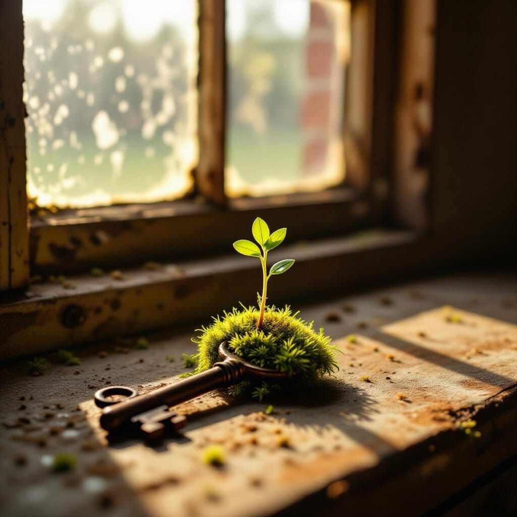 Moss Sprout on Rusty Key, Hyperrealistic Macro Photo