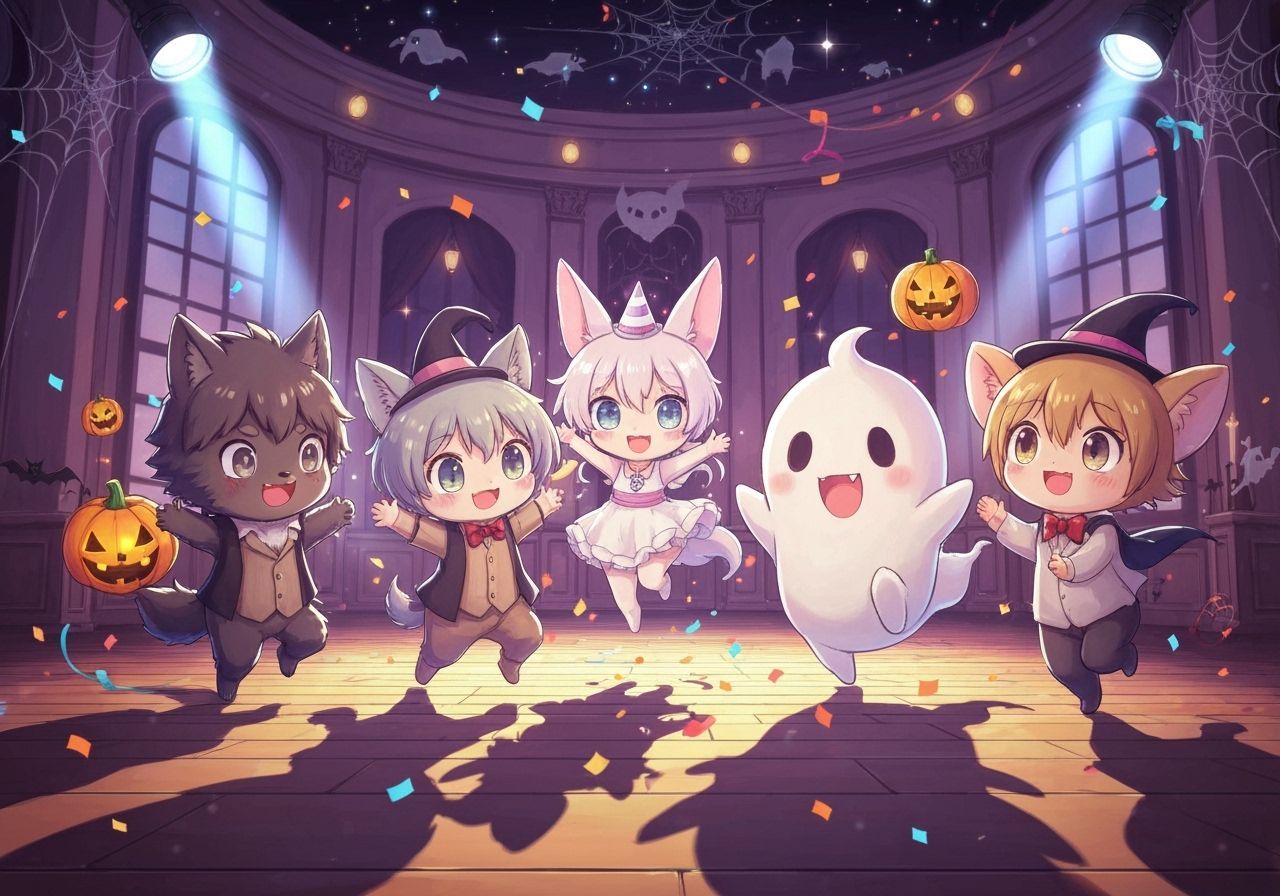 Chibi Halloween Creatures Celebrate Haunted New Year's Ball