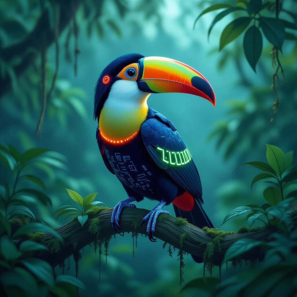 Bioluminescent Toucan with Metallic Limbs in a Futuristic St...
