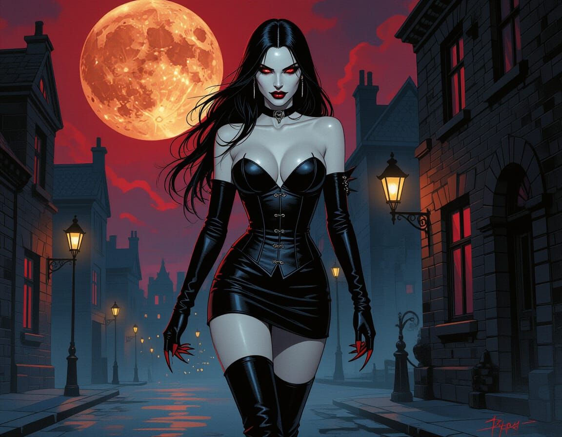 Elegant Vampire Stalking Under a Blood Moon
