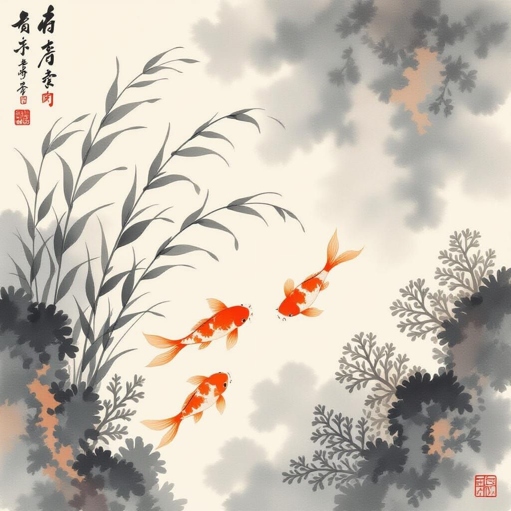 Underwater Scene in Chinese Brush Painting Style