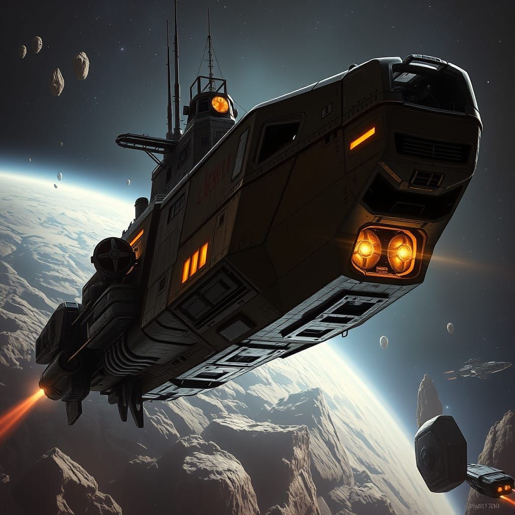 Battle-Worn Space Freighter in Deep Space