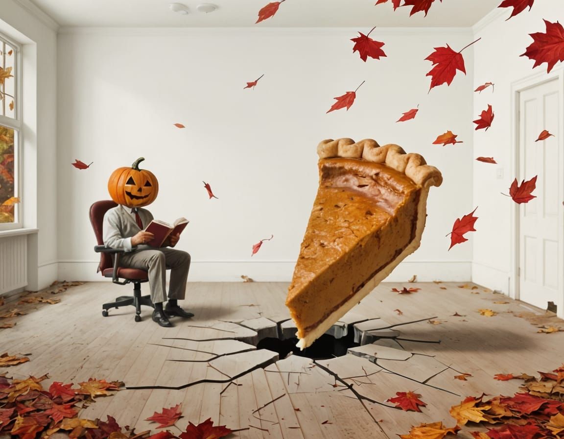 Surreal Autumn Scene: Jack-o'-Lantern Reads in Abandoned Roo...