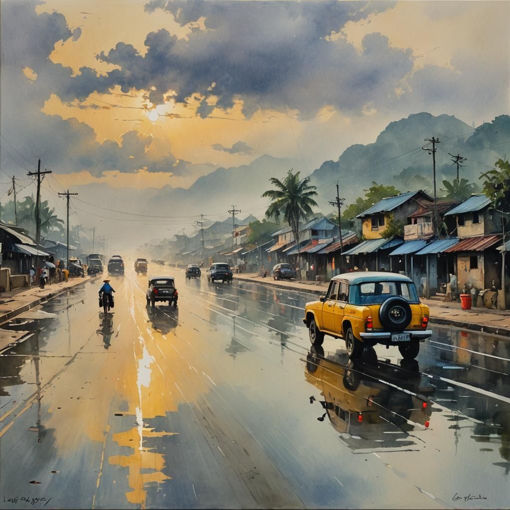 Coastal Vietnam Drive: Golden Hour Watercolor Painting