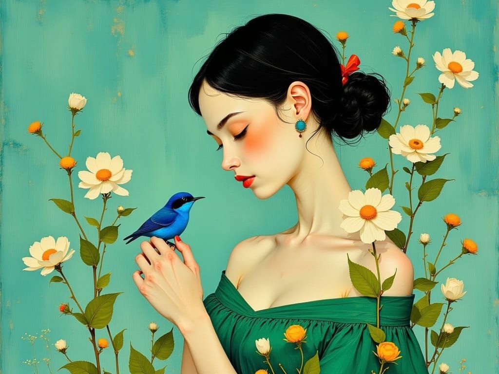 Woman with Bird in Photorealistic Style