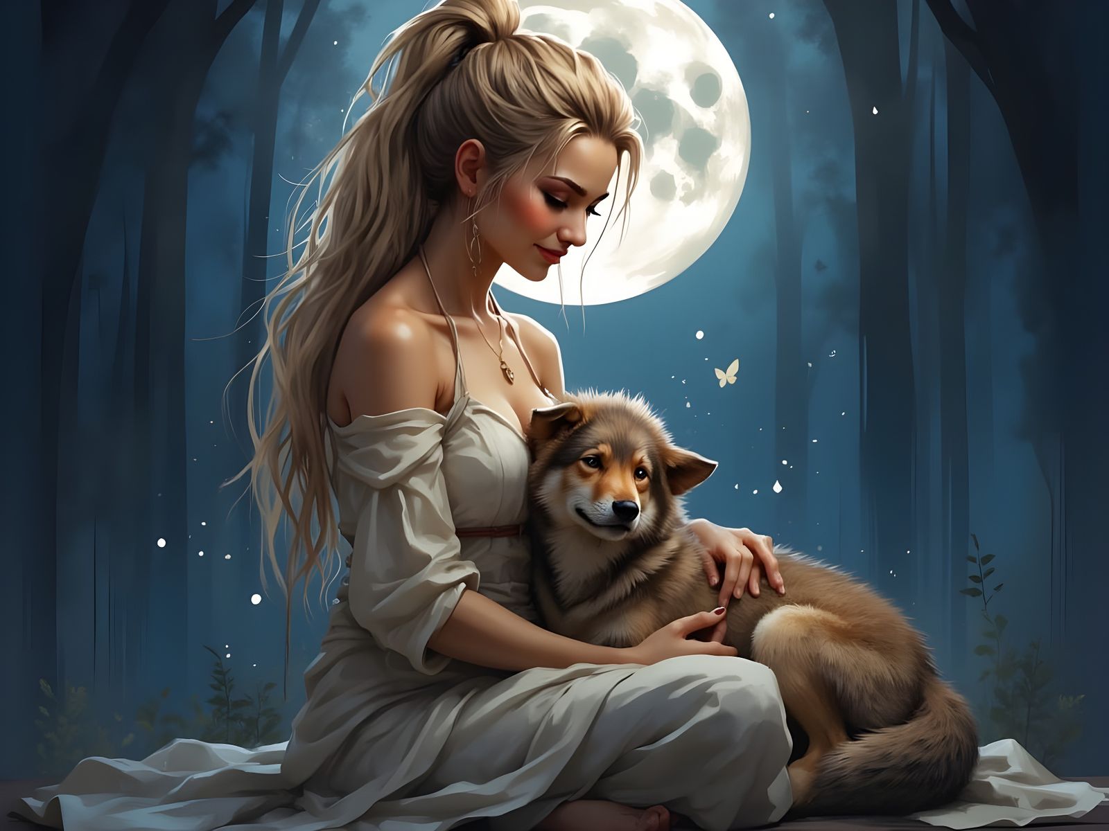 Norse Goddess of Love With Wolf Pup Under Full Moon
