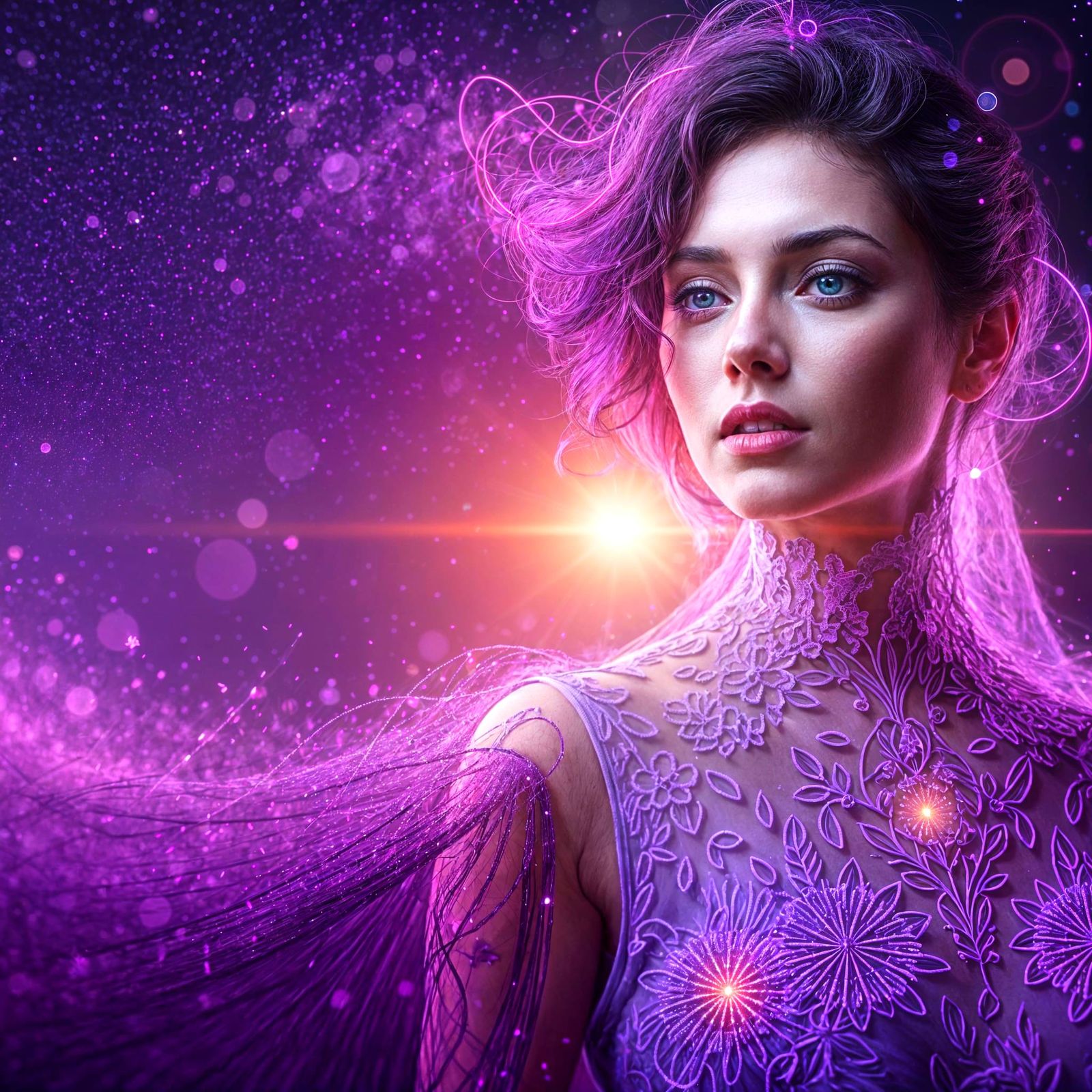 Purple undressed lady, particles in the air, glow, depth of fields, halo