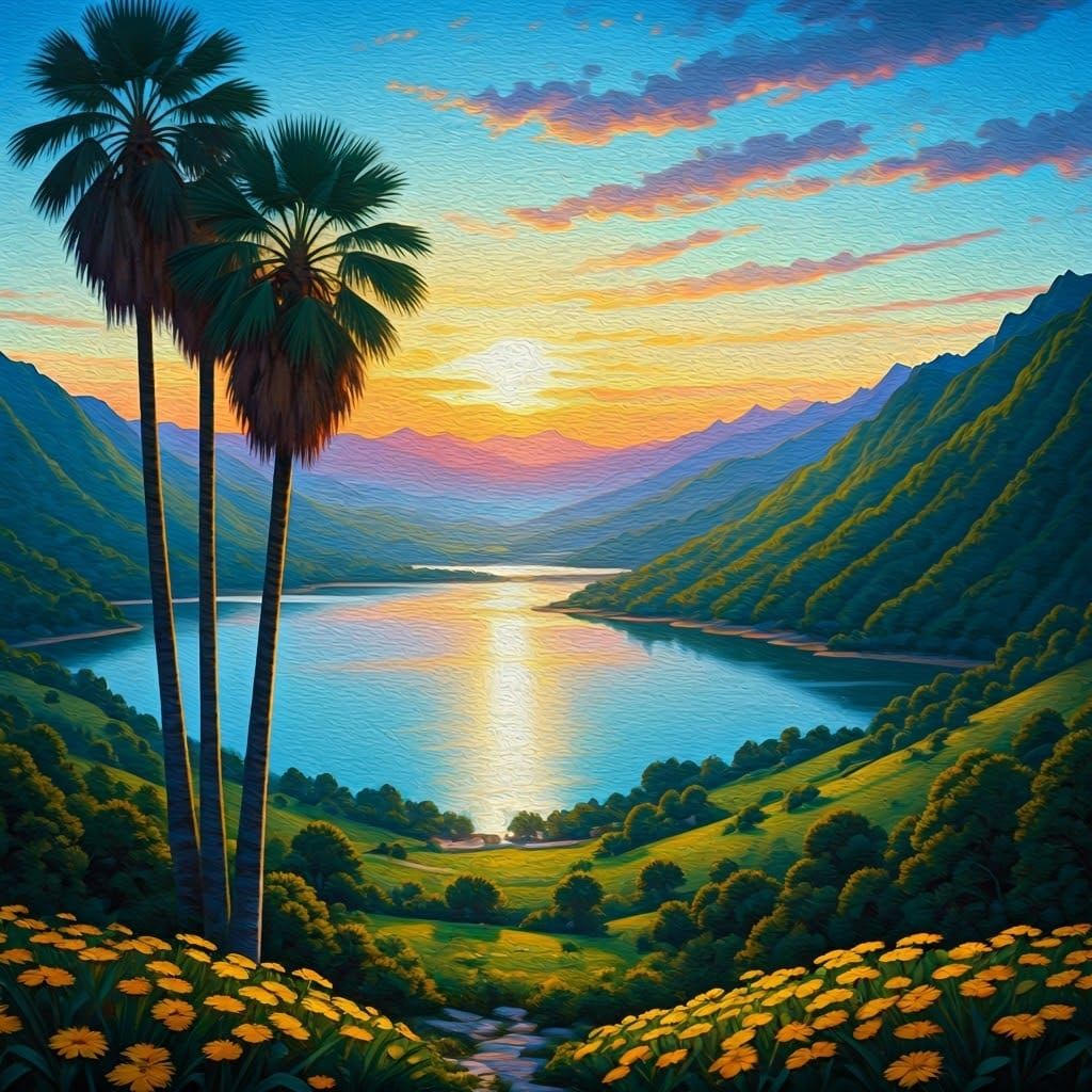 Sunrise Over Green Mountains: Gurney-Style Oil Painting