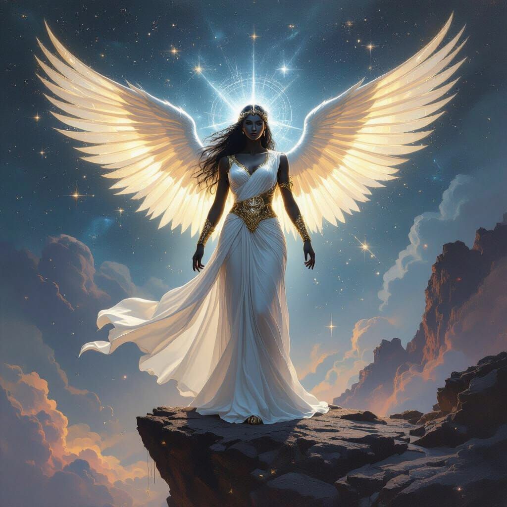 Celestial Being on Nebula Precipice in Oil Painting Style